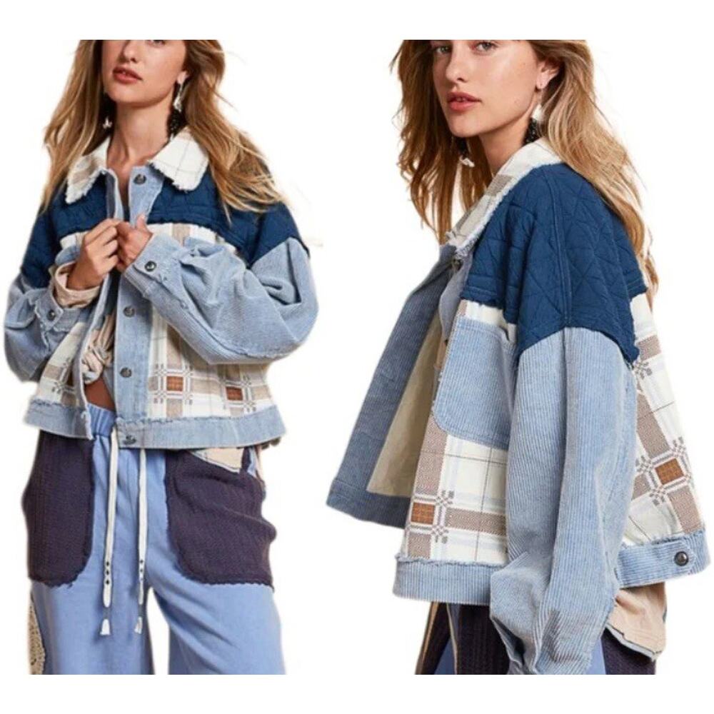 POL Blue Beige Plaid Quilted Patchwork Button Short Jacket Women's M